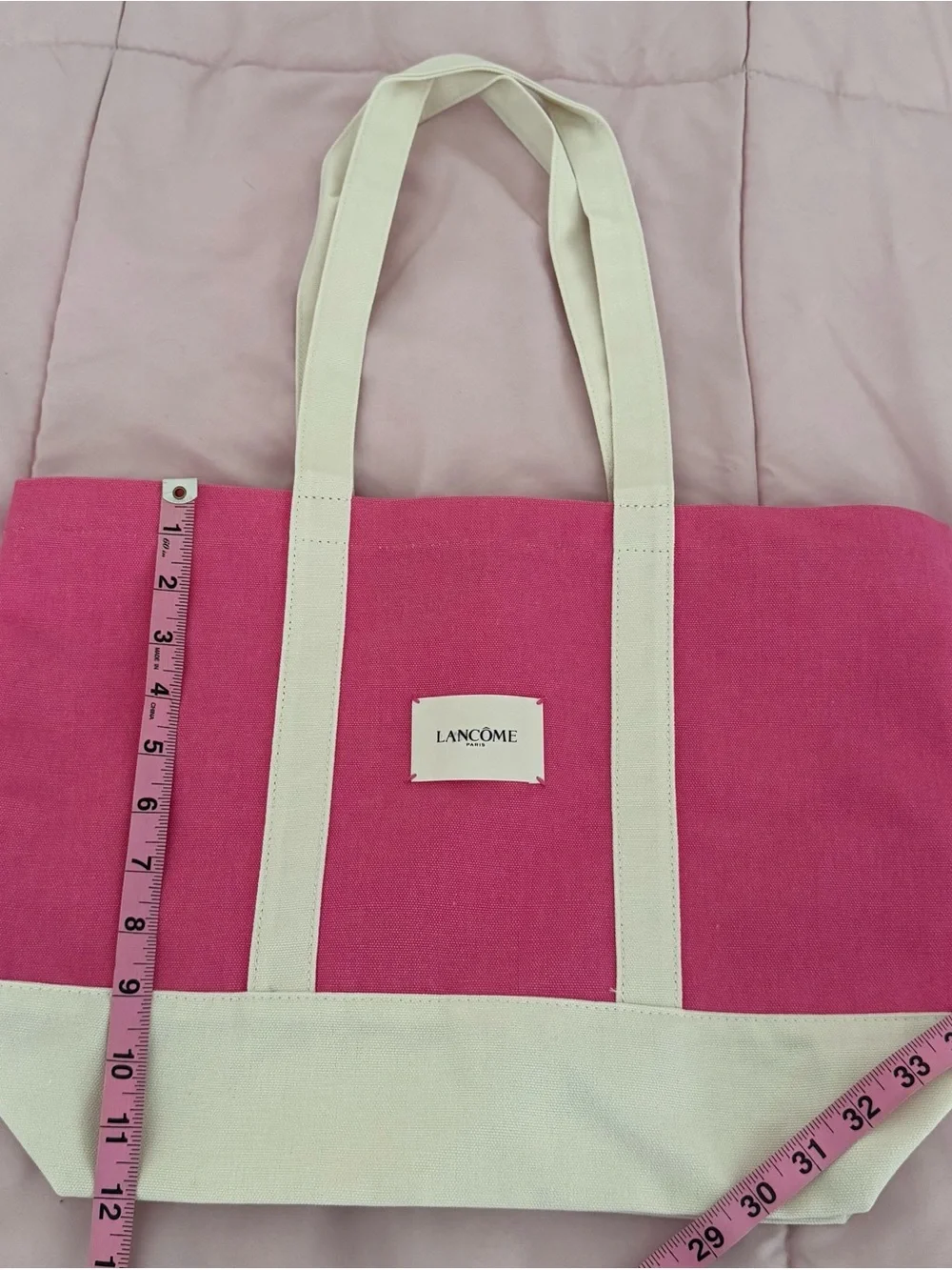 NWT Lancôme Pink Canvas Tote Bag with Cream Trim, size 17x12 boho beach Barbie - Picture 3 of 9